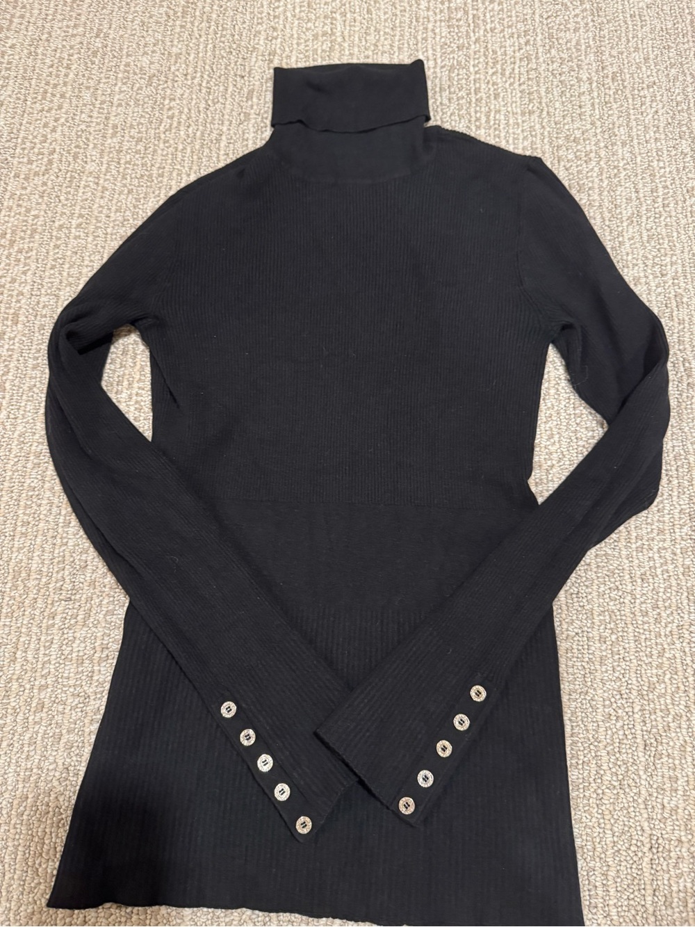 White House Black Market Black Ribbed Turtleneck with Button Cuffs